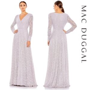 Mac Duggal Lavender Lace Long Sleeve V-Neck Evening Gown NWT